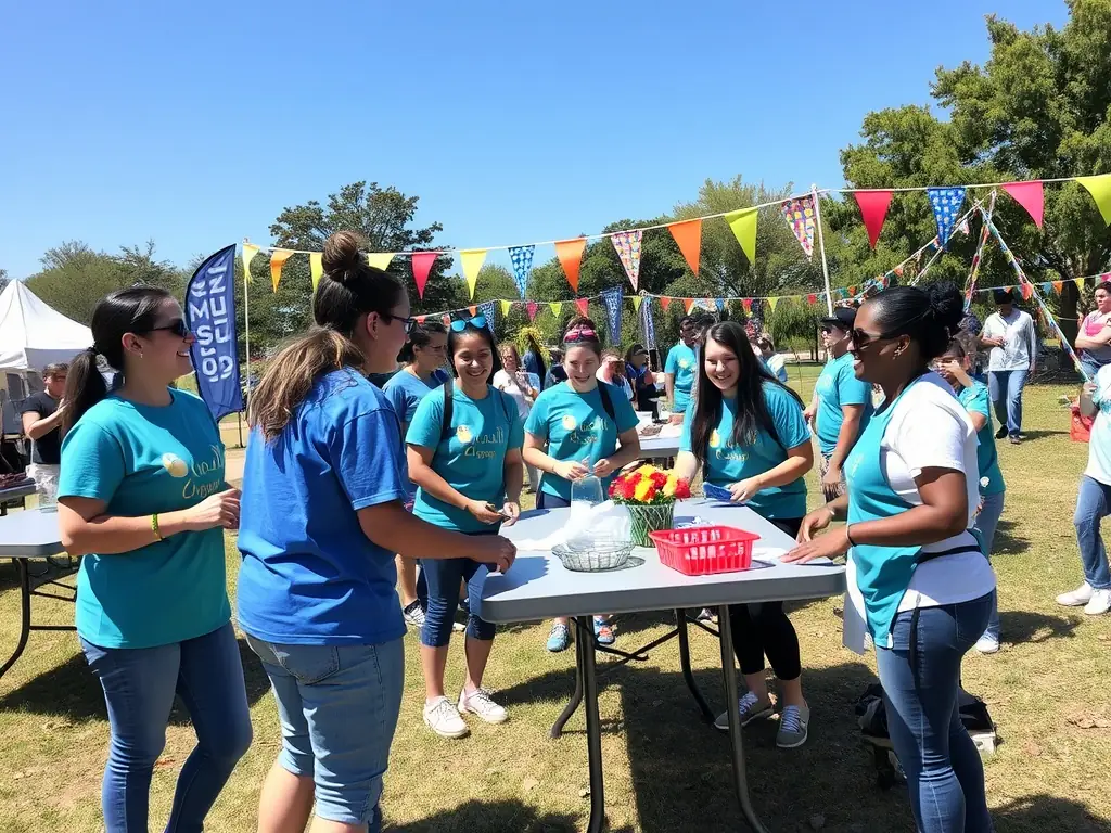 A diverse group of volunteers working together at a community event, showcasing the organization's commitment to volunteerism and community involvement.