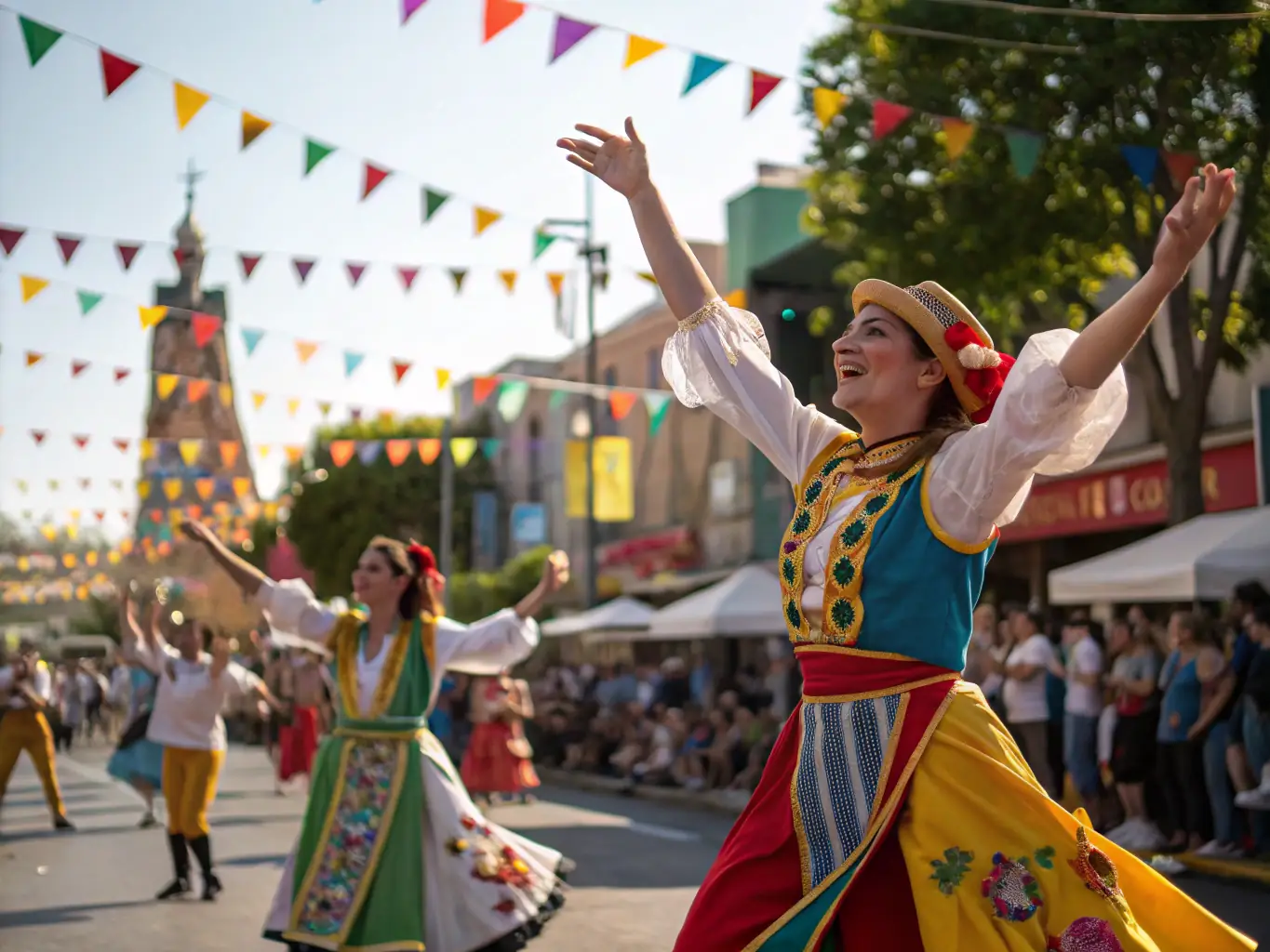 A vibrant image showcasing a local cultural festival organized by COMITE DES FETES ET DES SPORTS, featuring traditional music, dance, and food stalls, capturing the lively atmosphere and community spirit.