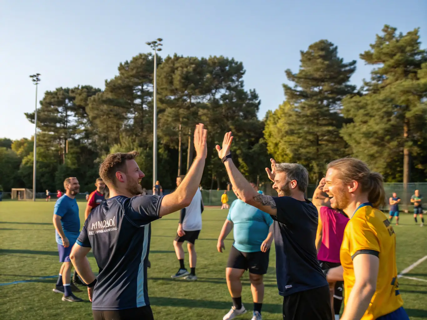 An action shot of participants engaged in a sports tournament organized by COMITE DES FETES ET DES SPORTS, highlighting teamwork, physical activity, and the spirit of friendly competition.