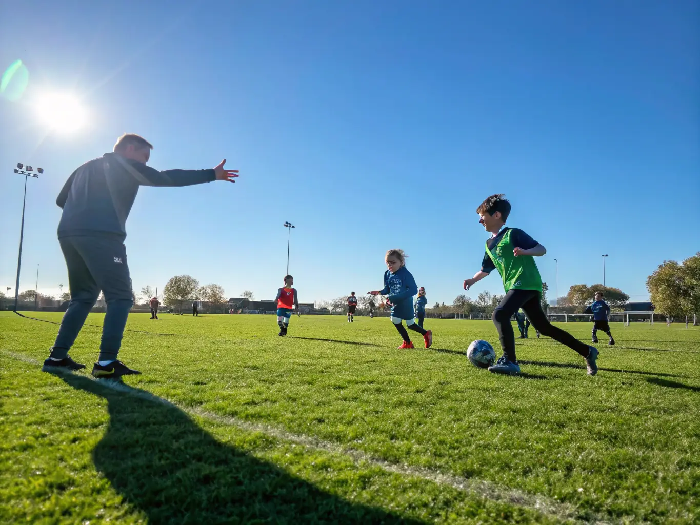 Children and adults participating in a community soccer match on a sunny field, with smiles and teamwork evident, highlighting the organization's focus on sports and recreation.