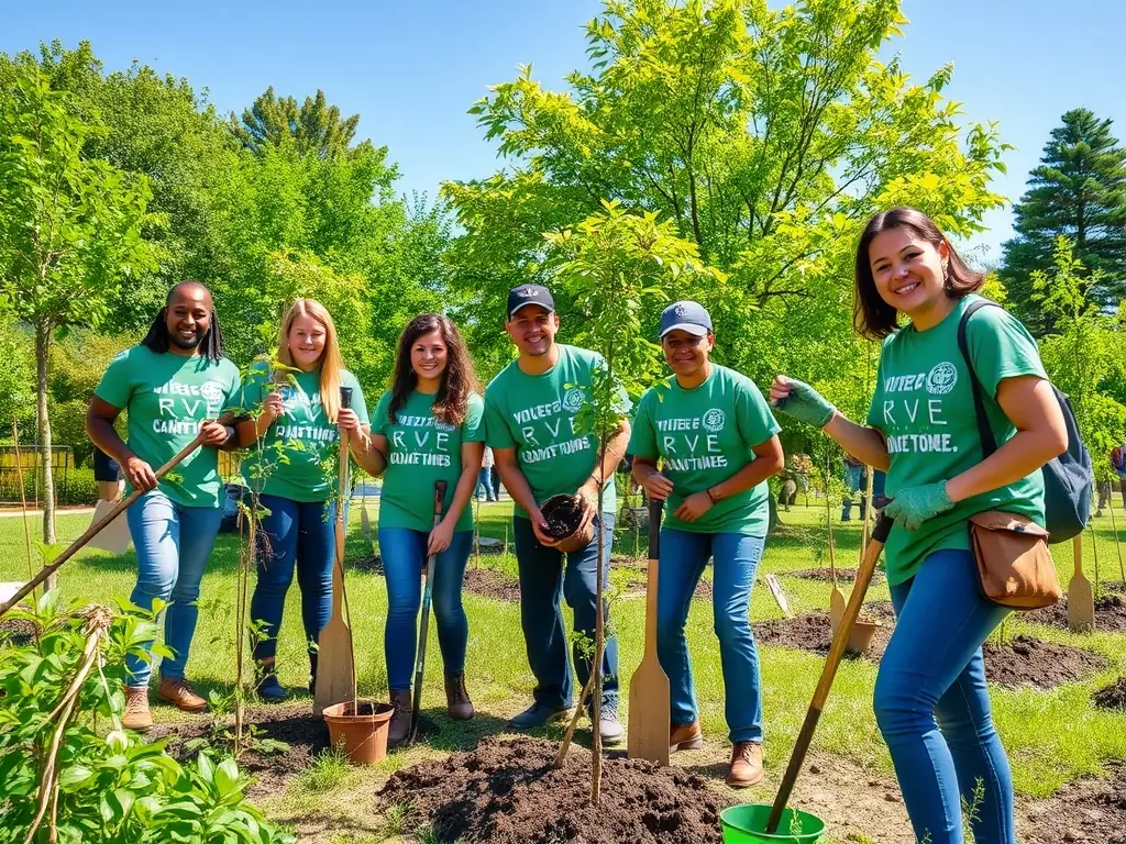 A group of volunteers working together on a community project, such as planting trees or cleaning up a local park, demonstrating the organization's commitment to community service.