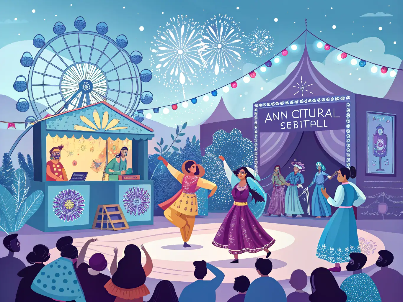 A vibrant outdoor festival scene with colorful decorations, performers, and engaged community members enjoying cultural activities, showcasing the organization's commitment to cultural enrichment.