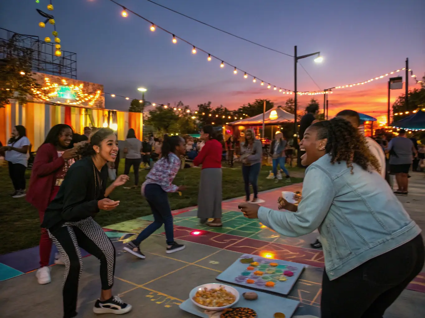 A vibrant scene from a community cultural event, showcasing diverse performances, food stalls, and smiling faces of attendees, emphasizing the organization's commitment to cultural enrichment.